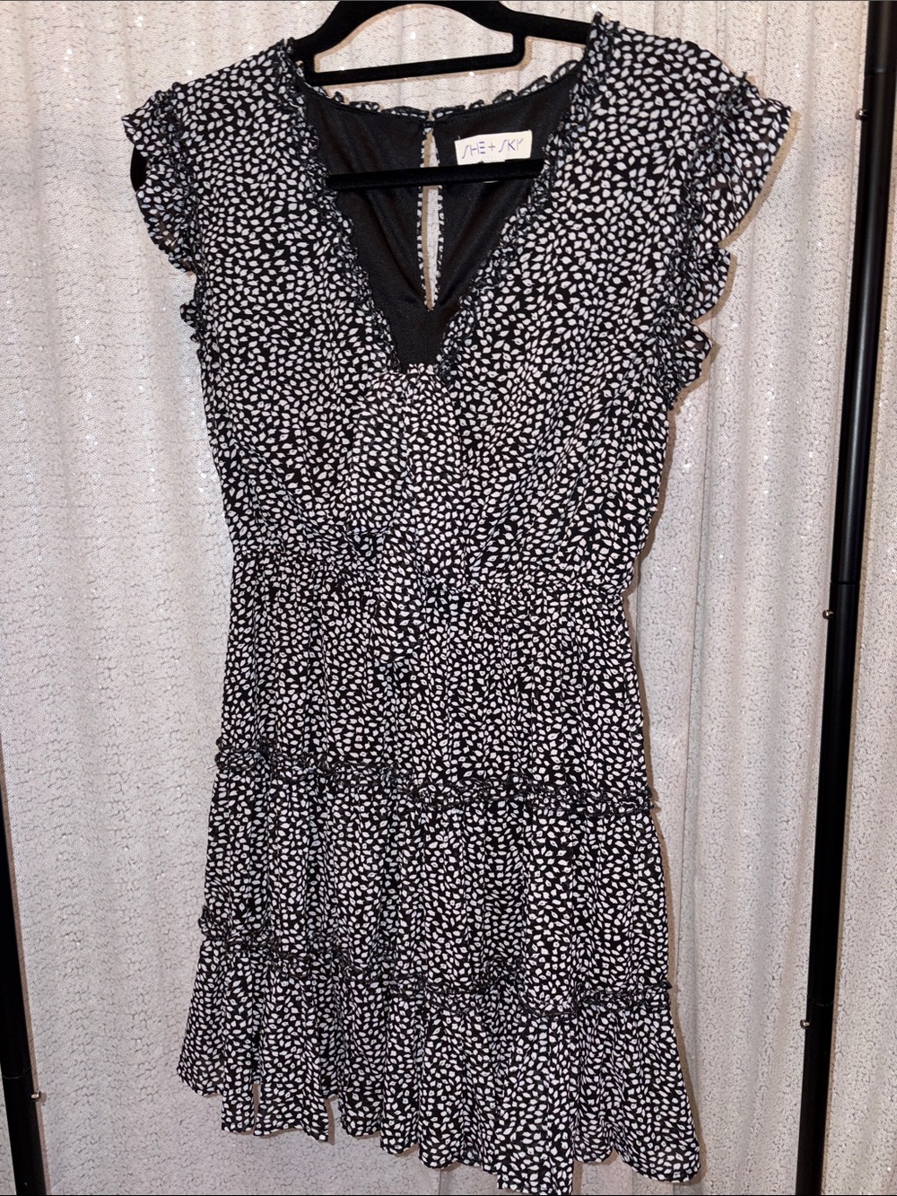She + Sky Black and White Dot Ruffle Tiered Mini Dress